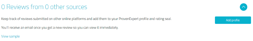 Click first on the blue button labeled “Add profile” to add your reviews and ratings from external customer review platforms.