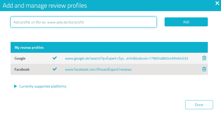 Insérez l'URL des plateformes d'évaluation des clients ici. Vous pouvez ajouter jusqu'à autant de plateformes d'évaluation des clients que vous le souhaitez. Cet exemple contient des évaluations de bewertet.de, kennstdueinen.de et facebook.com.